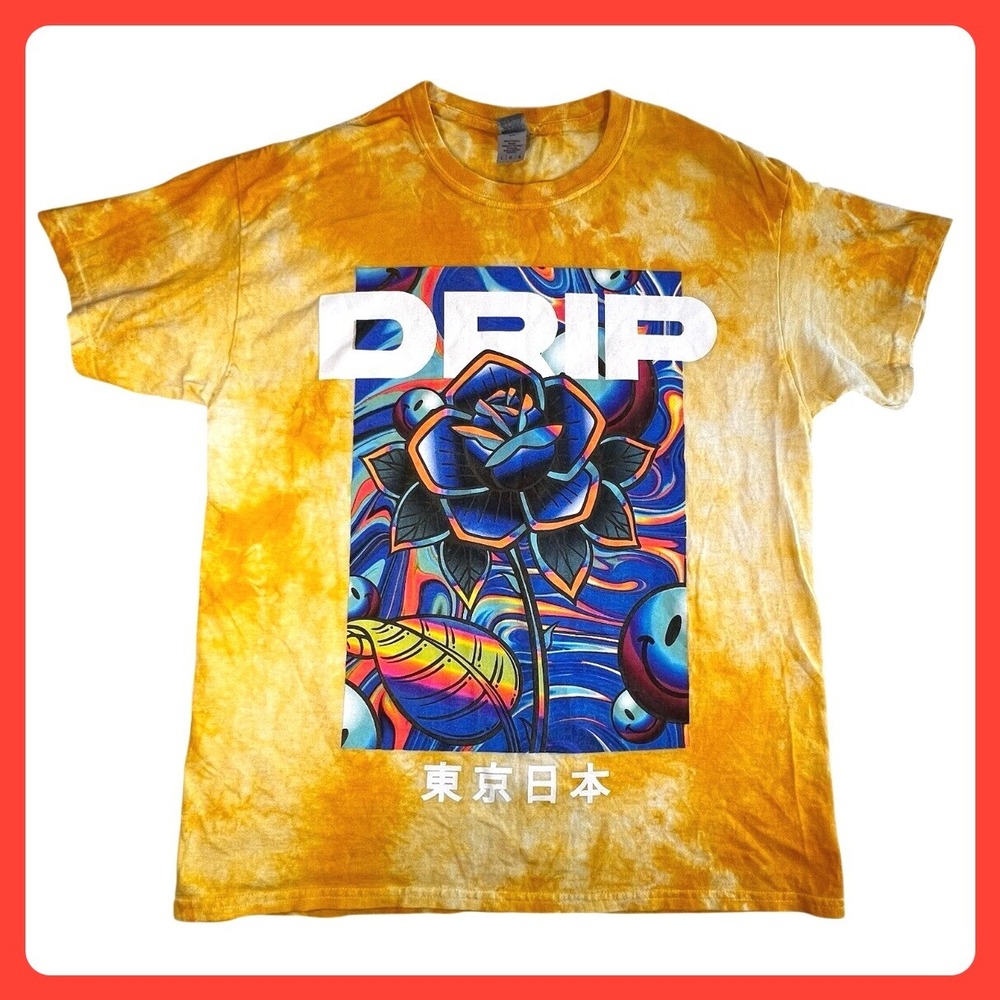 Gildan DRIP Graphic Tee Men Large Yellow Tie Dye Cotton Rose Smiley Psychedelic‎
